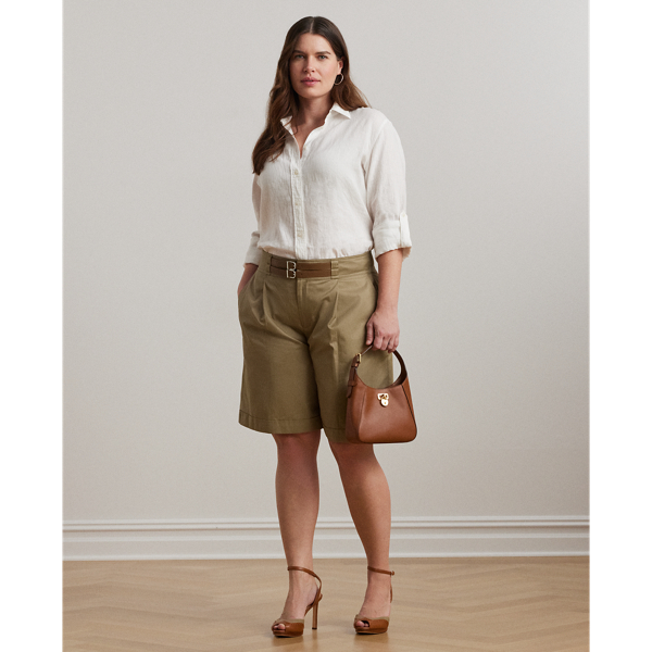 Buckle-Trim Pleated Cotton Twill Short