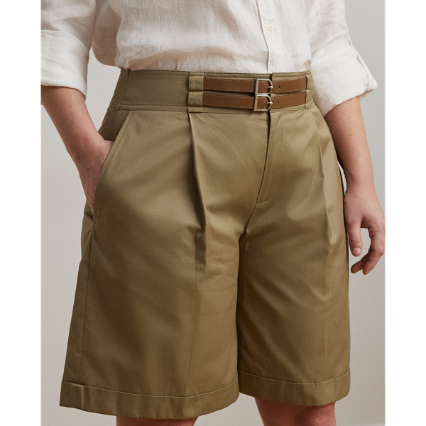 Buckle-Trim Pleated Cotton Twill Short