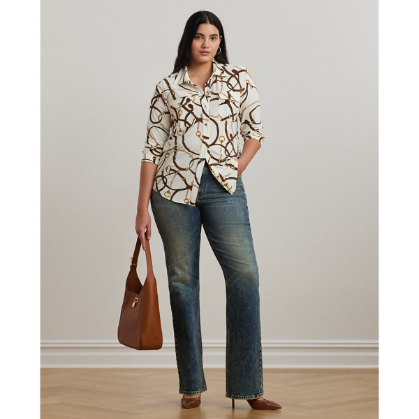 売れ筋商品|||ラルフローレン シャツ レディース トップス SLIM FIT BELTING PRINT JERSEY SHIRT - Button-down blouse - cream/multi-colored Slim Fit Belting-Print Jersey Shirt