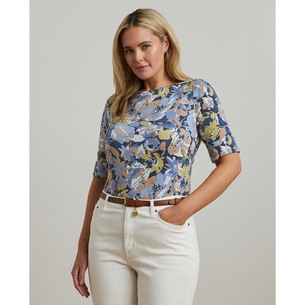 Blue Multi Geblümtes T-Shirt mit U-Boot-Ausschnitt Lauren Woman 1