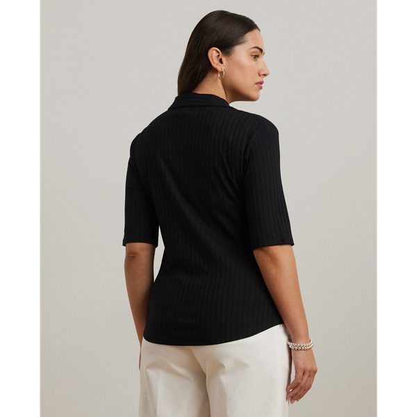 Black Rib-Knit Elbow-Sleeve Polo Tee Lauren Woman 5