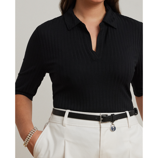 Black Rib-Knit Elbow-Sleeve Polo Tee Lauren Woman 6