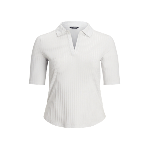 Rib-Knit Elbow-Sleeve Polo Tee