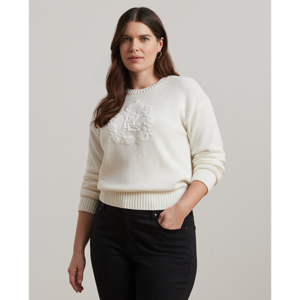 Floral-Logo Combed Cotton Sweater