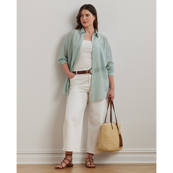 売れ筋商品|||ラルフローレン カットソー トップス レディース Plus Size Oversize Striped Cotton Voile Shirt Light Blue Pink Multi Oversize Striped Cotton Voile Shirt