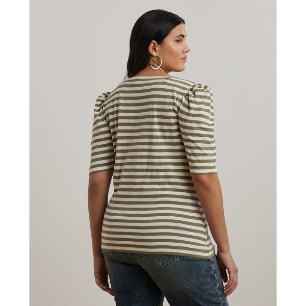 ラルフ・ローレン Lauren Ralph Lauren Plus Size Striped Cotton Jersey Puff-sleeve Te Women's Lauren Ralph Lauren Plus Size Striped Cotton Jersey