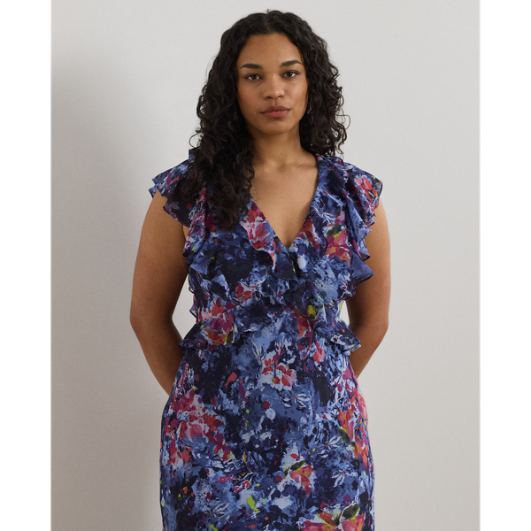 Print Ruffle-Trim Georgette Midi Dress