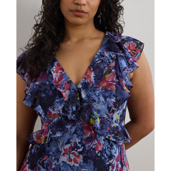 Print Ruffle-Trim Georgette Midi Dress