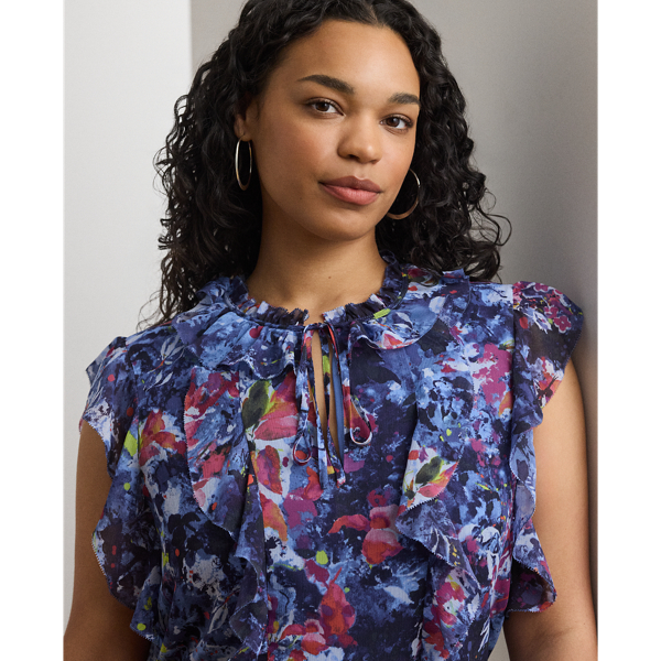 Print Ruffle-Trim Georgette Blouse