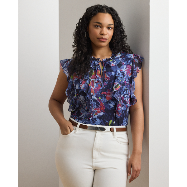 Print Ruffle-Trim Georgette Blouse
