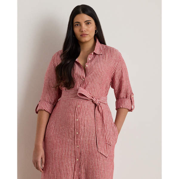 Striped Linen Roll-Tab-Sleeve Shirtdress