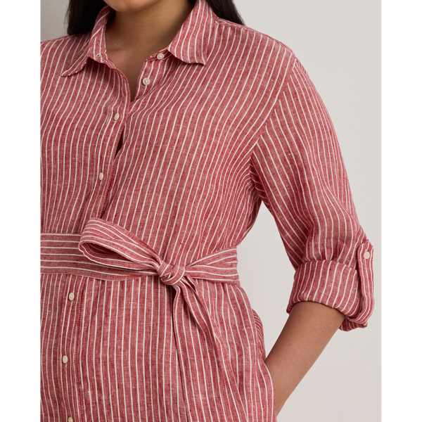 Striped Linen Roll-Tab-Sleeve Shirtdress