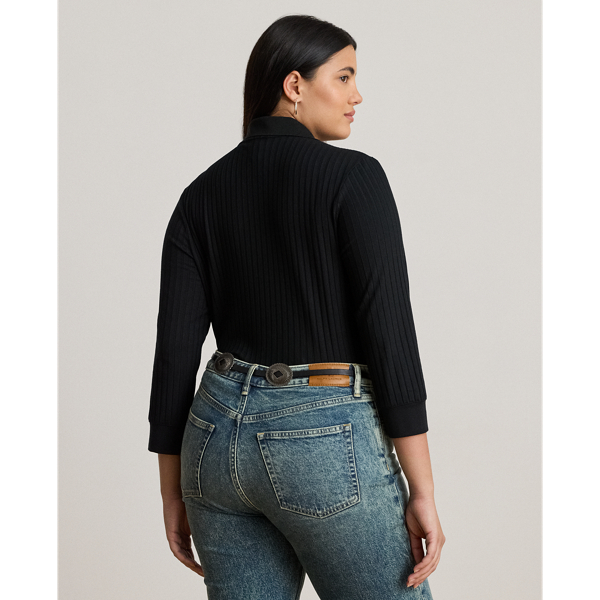 Rib-Knit Three-Quarter-Sleeve Polo Shirt