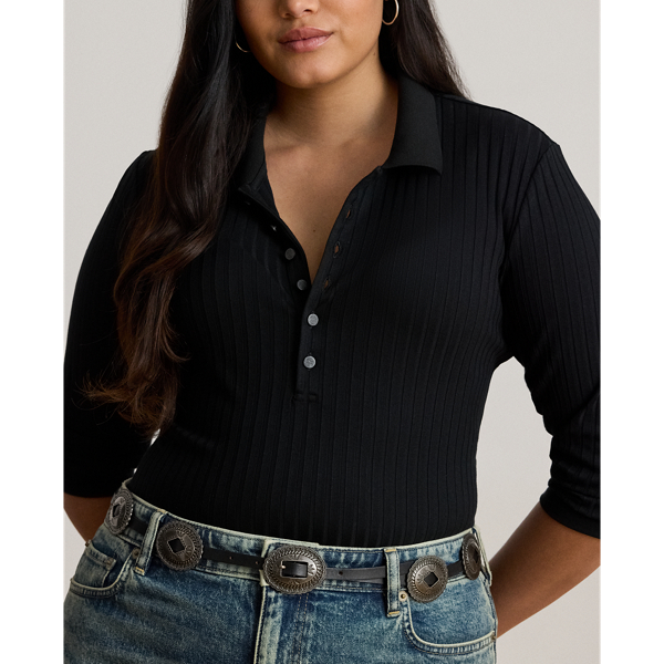 Rib-Knit Three-Quarter-Sleeve Polo Shirt