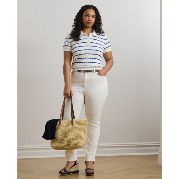 Striped Cable-Knit Cotton Polo Sweater