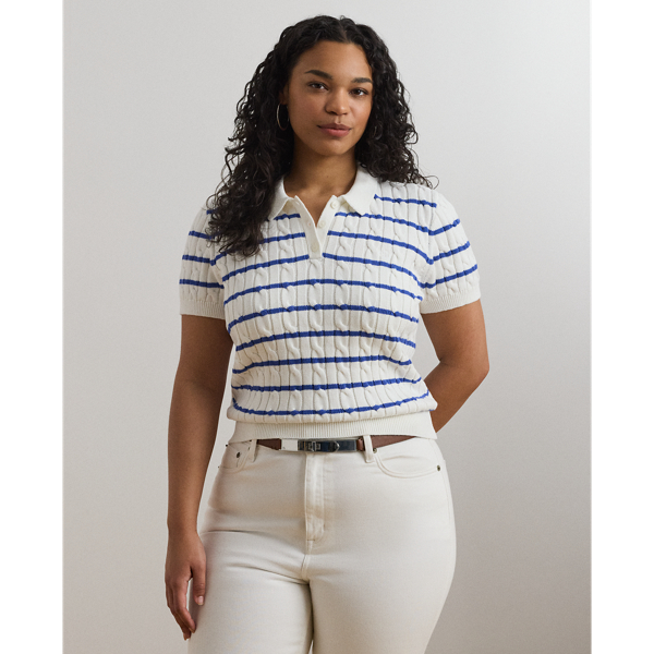 Striped Cable-Knit Cotton Polo Sweater
