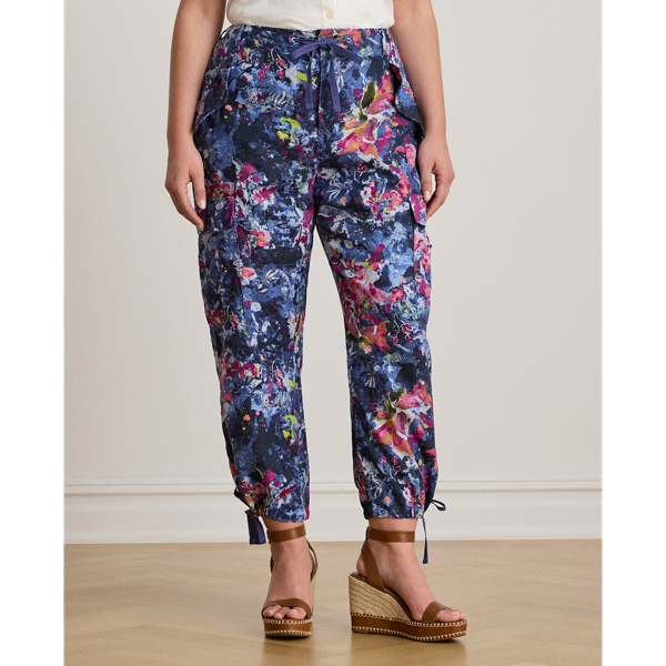 Print Linen Cargo Ankle Pant