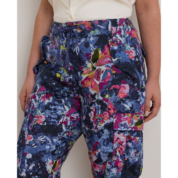 Print Linen Cargo Ankle Pant