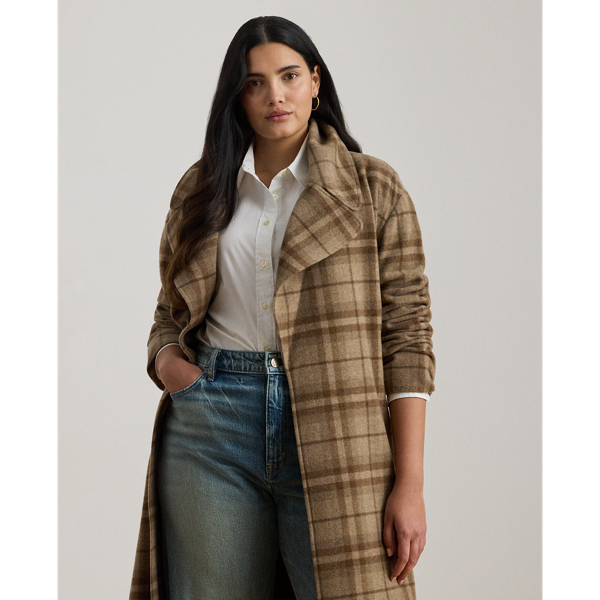 Plaid Wool-Blend Twill Wrap Coat