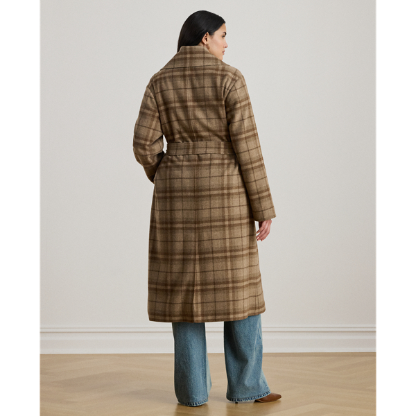 Plaid Wool-Blend Twill Wrap Coat