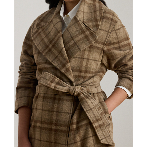 Plaid Wool-Blend Twill Wrap Coat