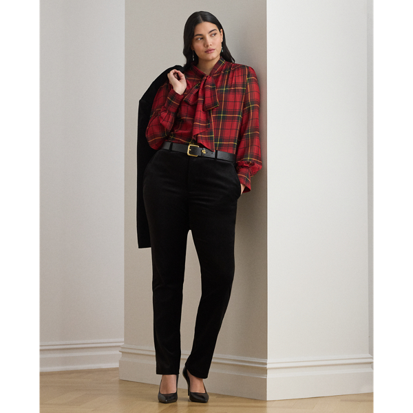Checked Plaid Georgette Tie-Neck Blouse