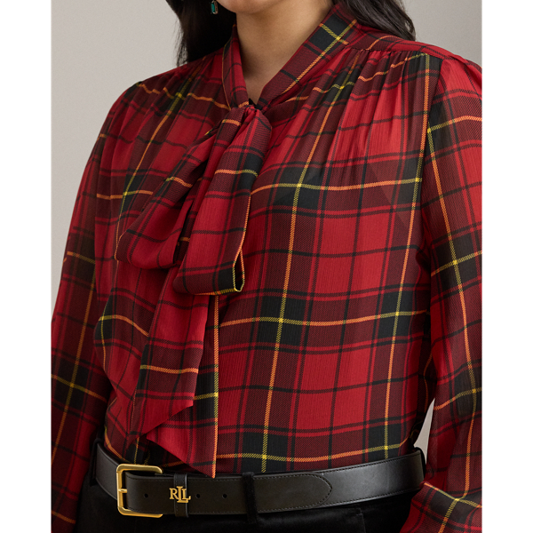 Checked Plaid Georgette Tie-Neck Blouse