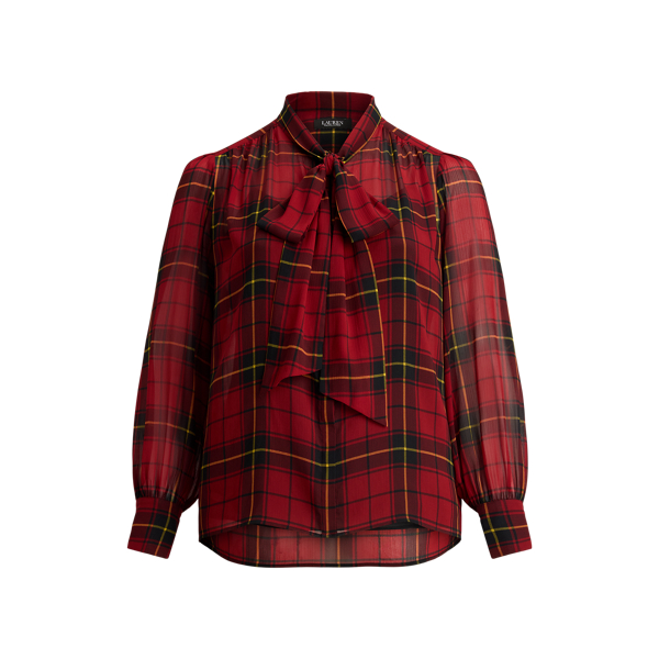 Checked Plaid Georgette Tie-Neck Blouse