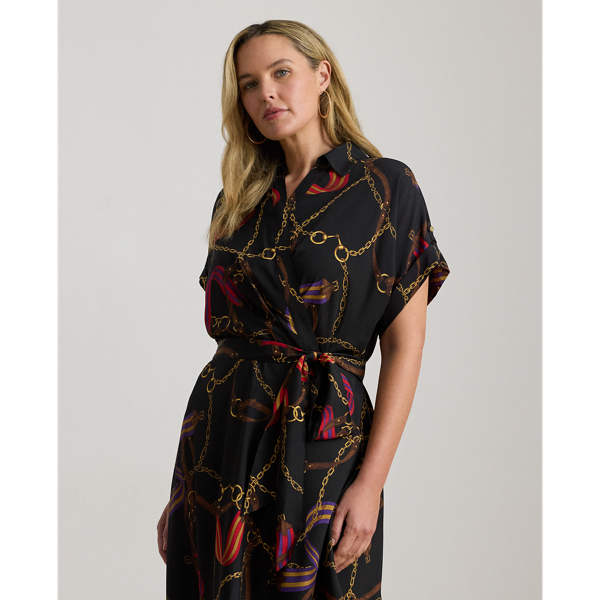 Belting-Print Belted Crepe Dress