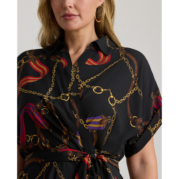 Belting-Print Belted Crepe Dress