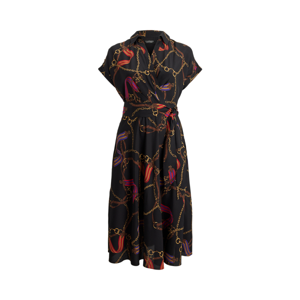 Belting-Print Belted Crepe Dress