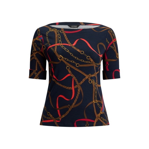 Belting-Print Cotton Boatneck Tee