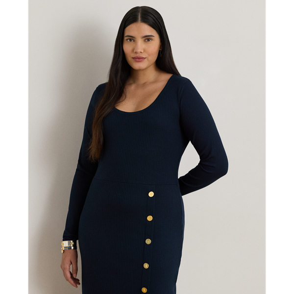 Button-Trim Rib-Knit Dress