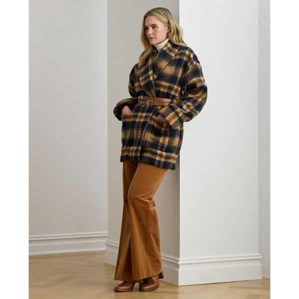Plaid Wool-Blend Shawl-Collar Wrap Coat