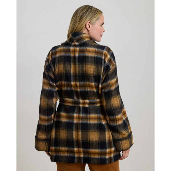 Plaid Wool-Blend Shawl-Collar Wrap Coat