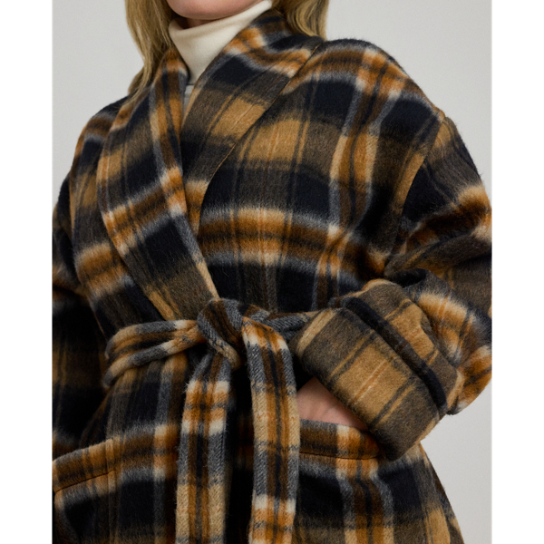 Plaid Wool-Blend Shawl-Collar Wrap Coat