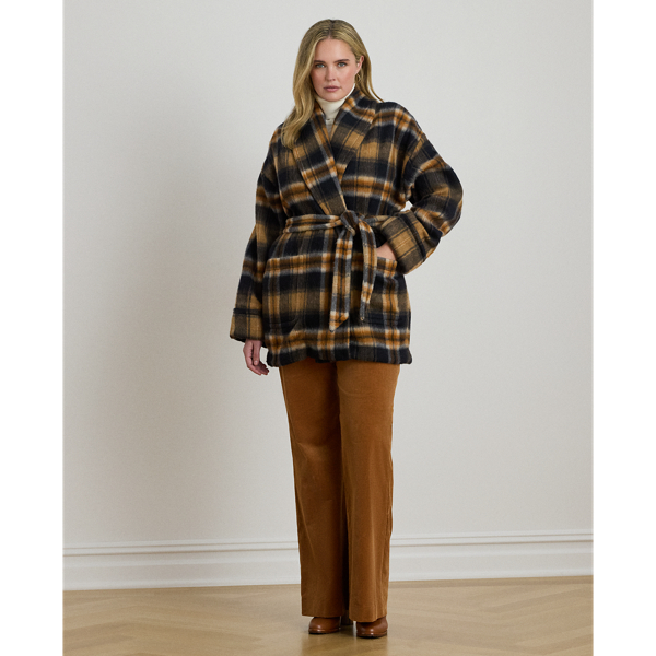 Plaid Wool-Blend Shawl-Collar Wrap Coat
