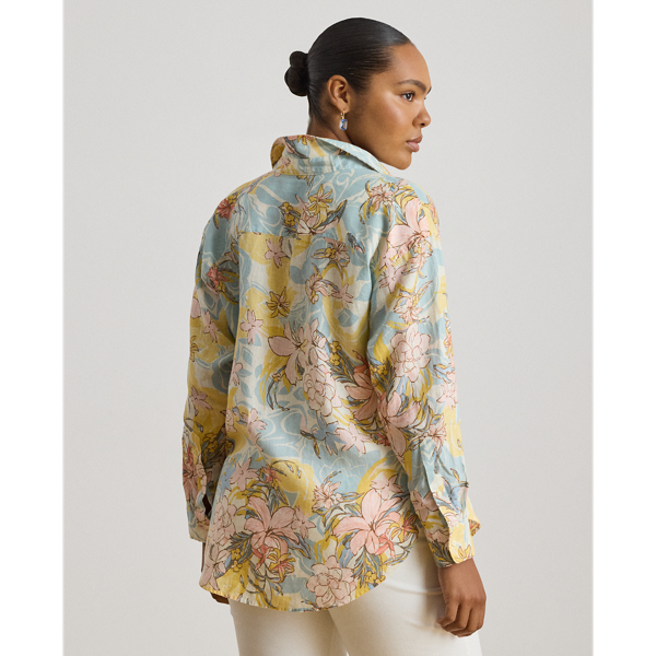 Cream/Blue Multi Relaxed Fit Floral Linen Shirt Lauren Woman 5
