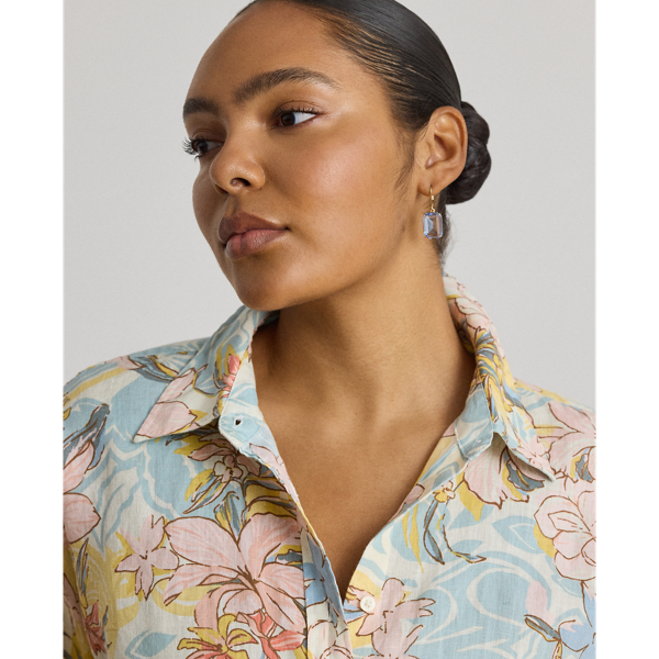 Cream/Blue Multi Relaxed Fit Floral Linen Shirt Lauren Woman 6