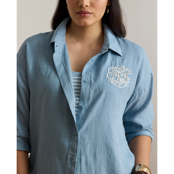 Blue Note Relaxed Fit Eyelet-Logo Linen Shirt Lauren Woman 6