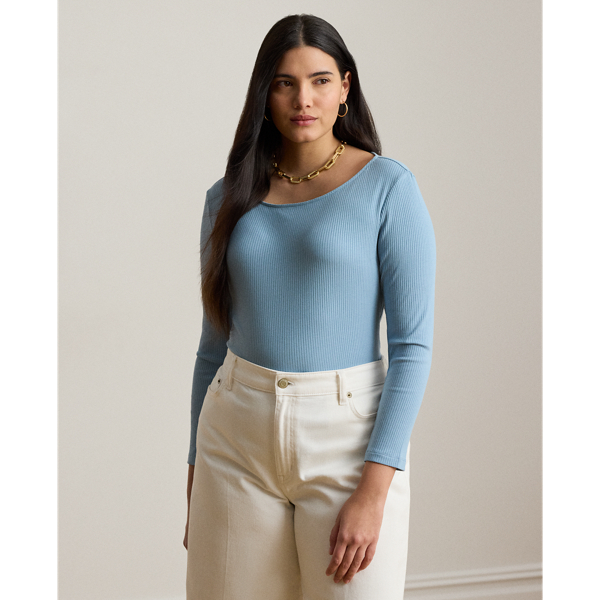 Blue Note Rib-Knit Cotton-Blend Boatneck Tee Lauren Woman 1