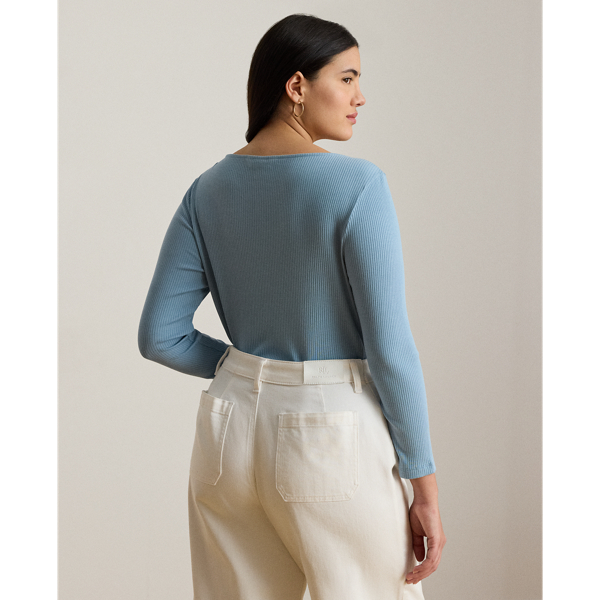 Blue Note Rib-Knit Cotton-Blend Boatneck Tee Lauren Woman 5