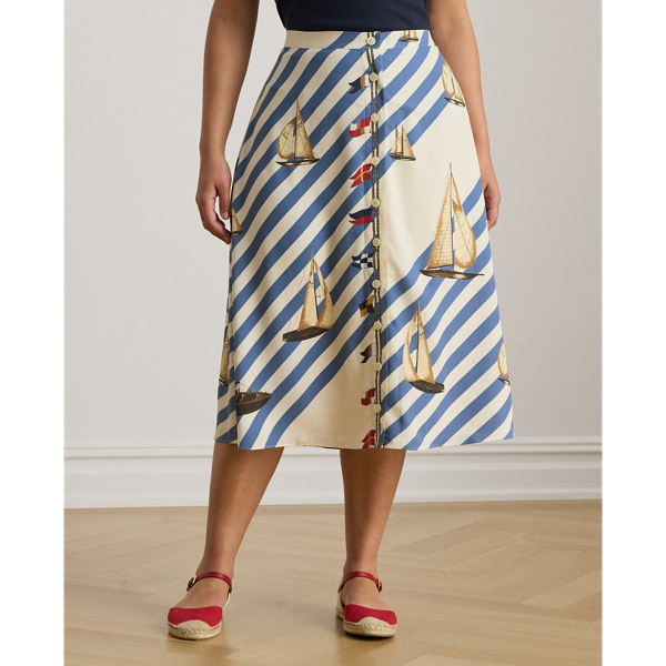 Cream Multi Print Button-Front Crepe Skirt Lauren Woman 4