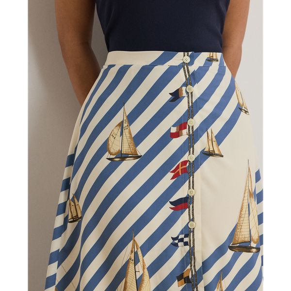 Cream Multi Print Button-Front Crepe Skirt Lauren Woman 6
