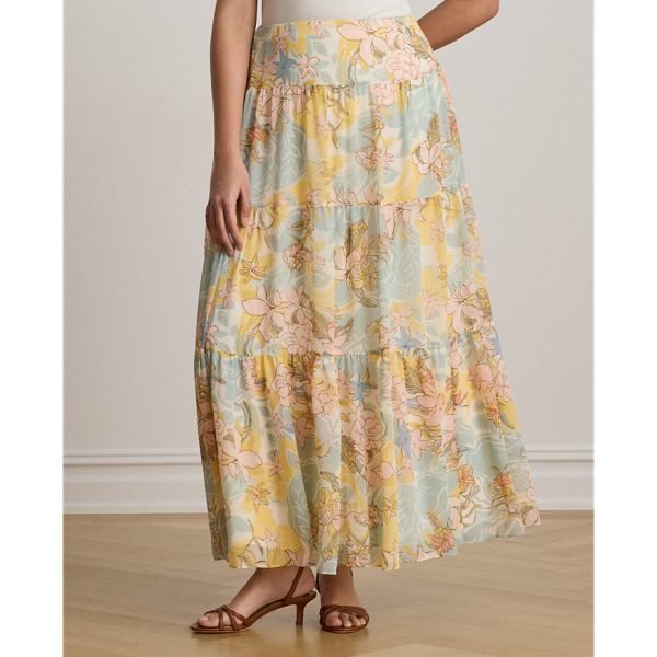Cream/Blue Multi Floral Georgette Tiered Maxiskirt Lauren Woman 4