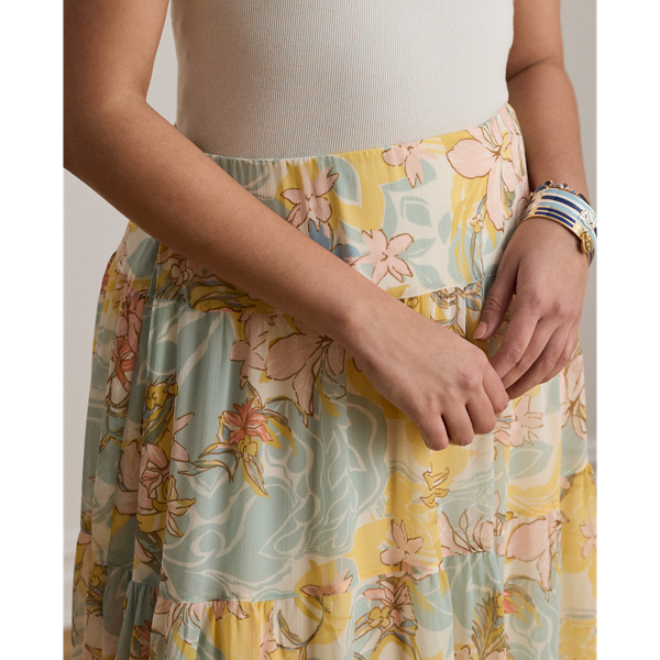 Cream/Blue Multi Floral Georgette Tiered Maxiskirt Lauren Woman 6