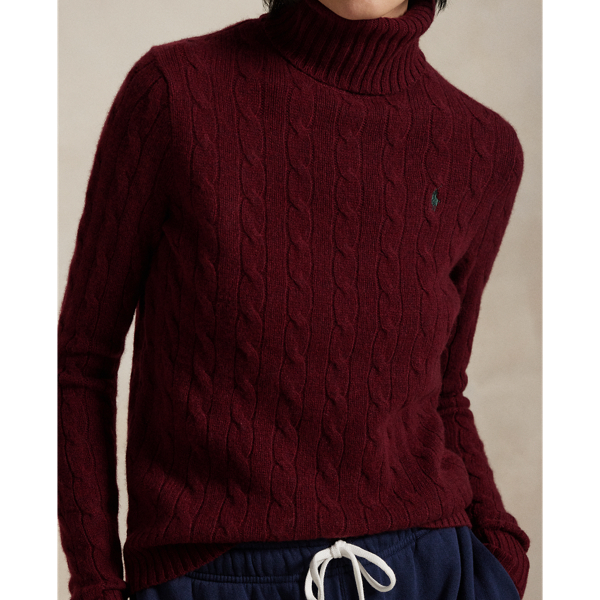 Garnet Red Melange Wool-Cashmere Cable Roll Neck Jumper Polo Ralph Lauren 5