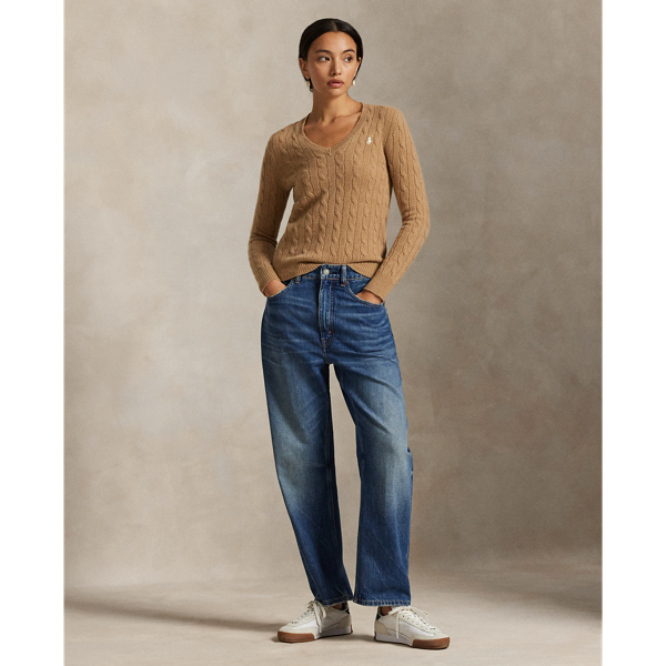 Wollen-kasjmier kabeltrui met V-hals Polo Ralph Lauren in Collection camel melange 3