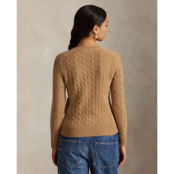 Wollen-kasjmier kabeltrui met V-hals Polo Ralph Lauren in Collection camel melange 4