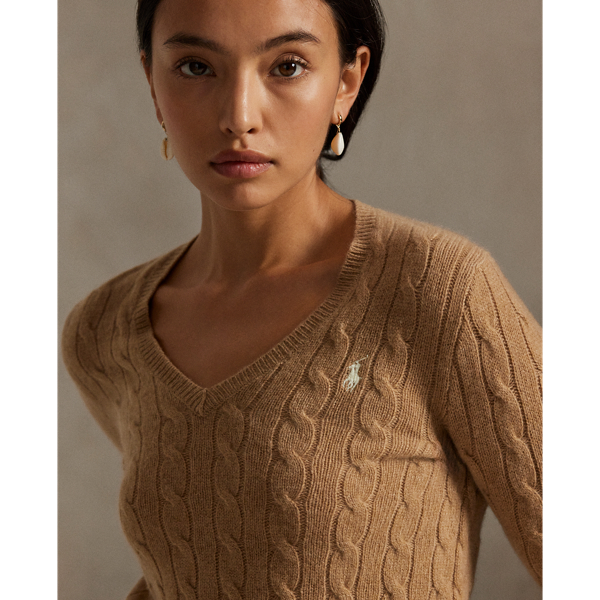 Wollen-kasjmier kabeltrui met V-hals Polo Ralph Lauren in Collection camel melange 5